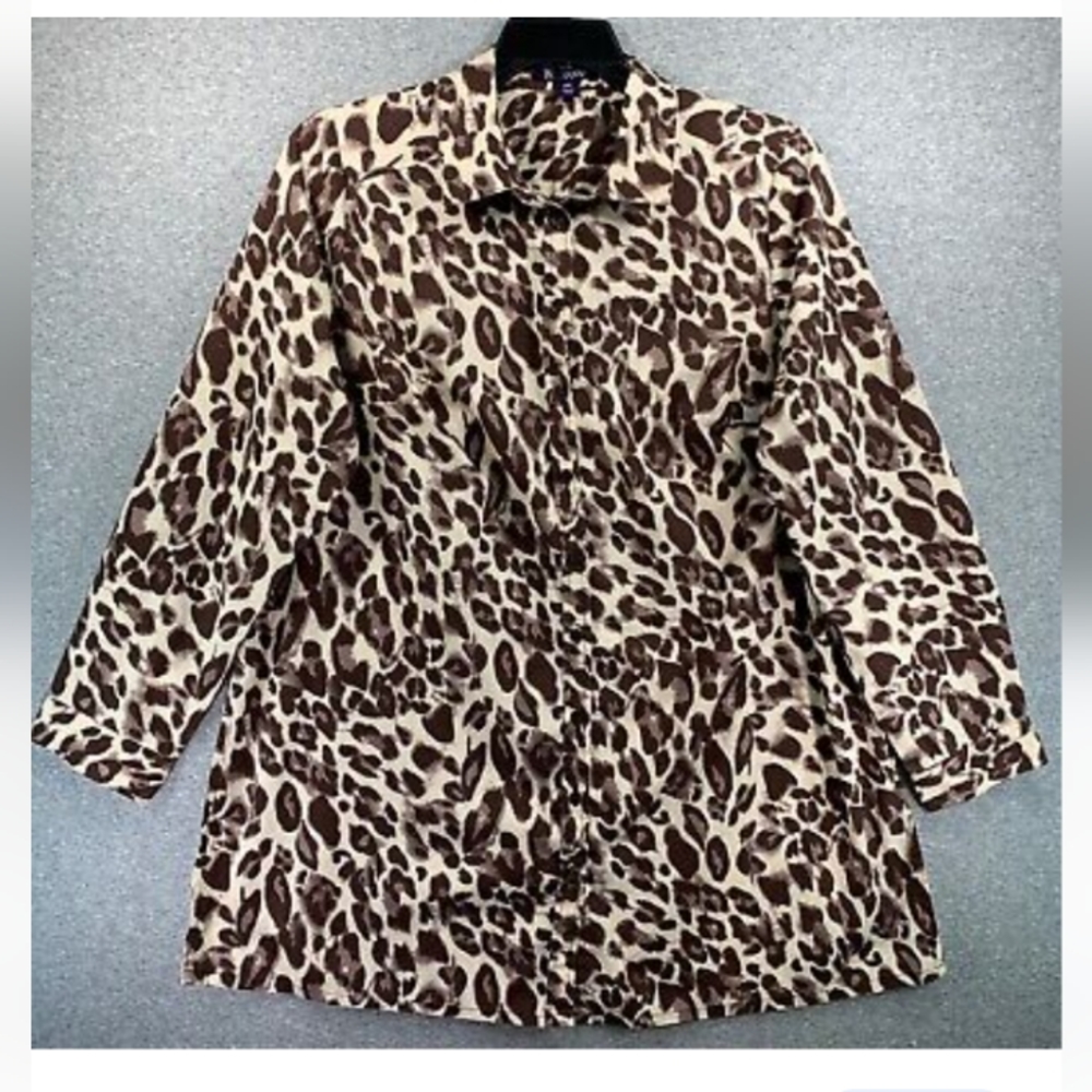 Roamans Women's Top Blouse Brown Leopard Print Long Sleeve 18W